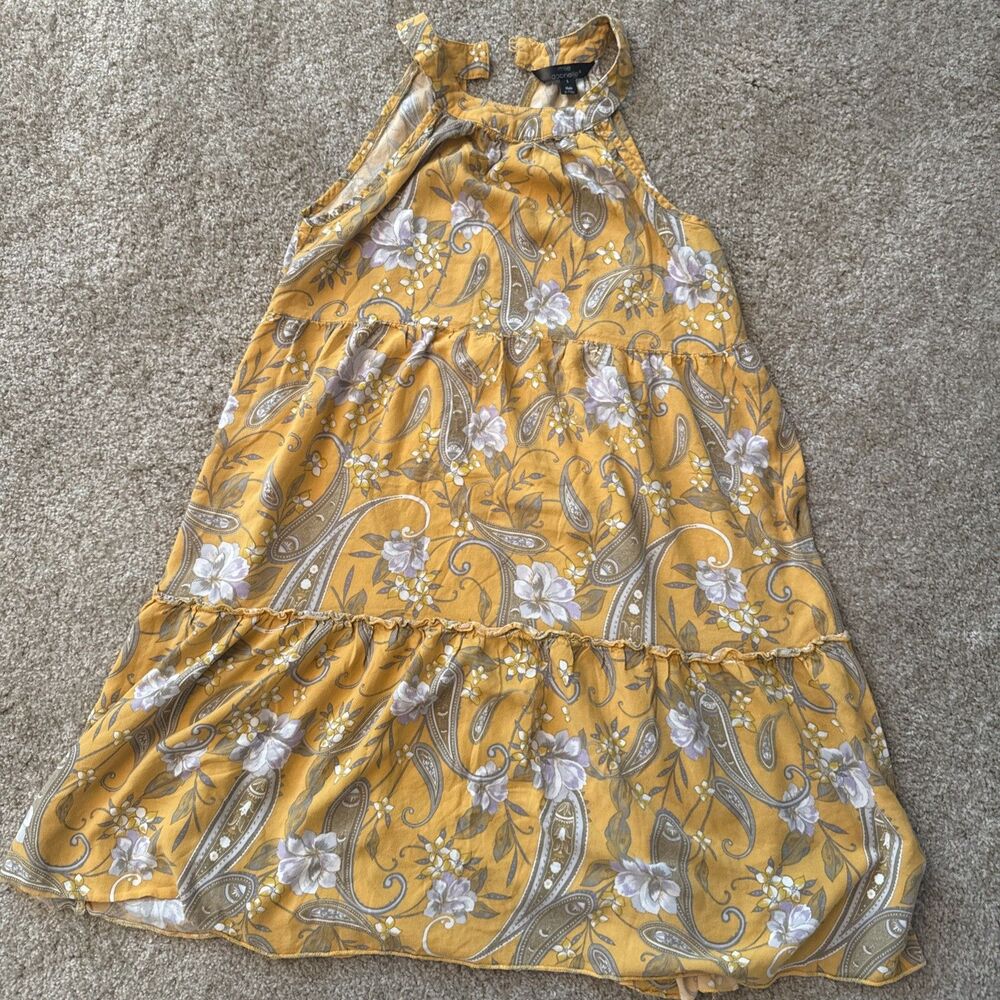 Mlle Gabrielle Dress Womens Sm Yellow Paisley Tiered Halter Boho Cottage Flowy